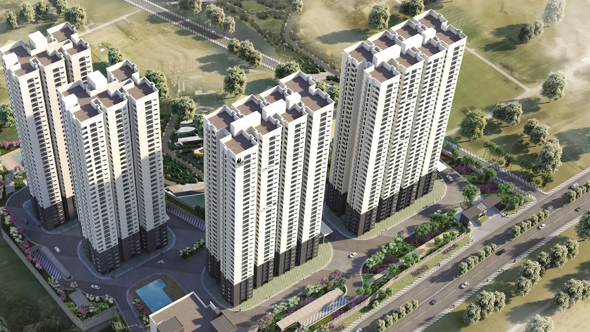 Aerial view of the high-rise residential towers and expansive property layout at Prestige Tranquil in Hyderabad.